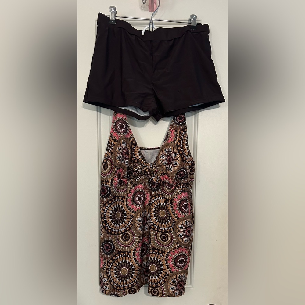 Colorful Patterned Swimsuit with Brown Shorts